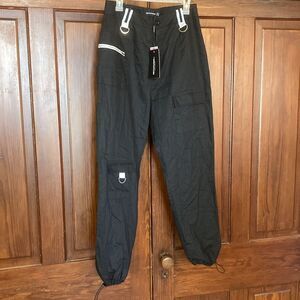 PrettyLittleThing New Black White Drawstring Tapered Pockets Cargo Pants Size 8